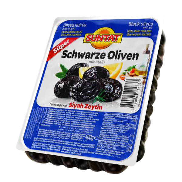 Melnie olīvi "Super" ar kauliņiem SUNTAT, 400 g
