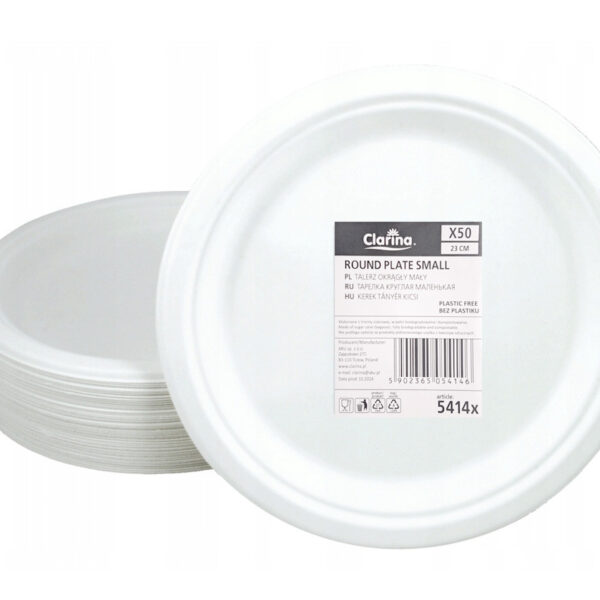 Vienreizējās papīra šķīvīti no cukurniedru šķiedras CLARINA 23cm, 50gab