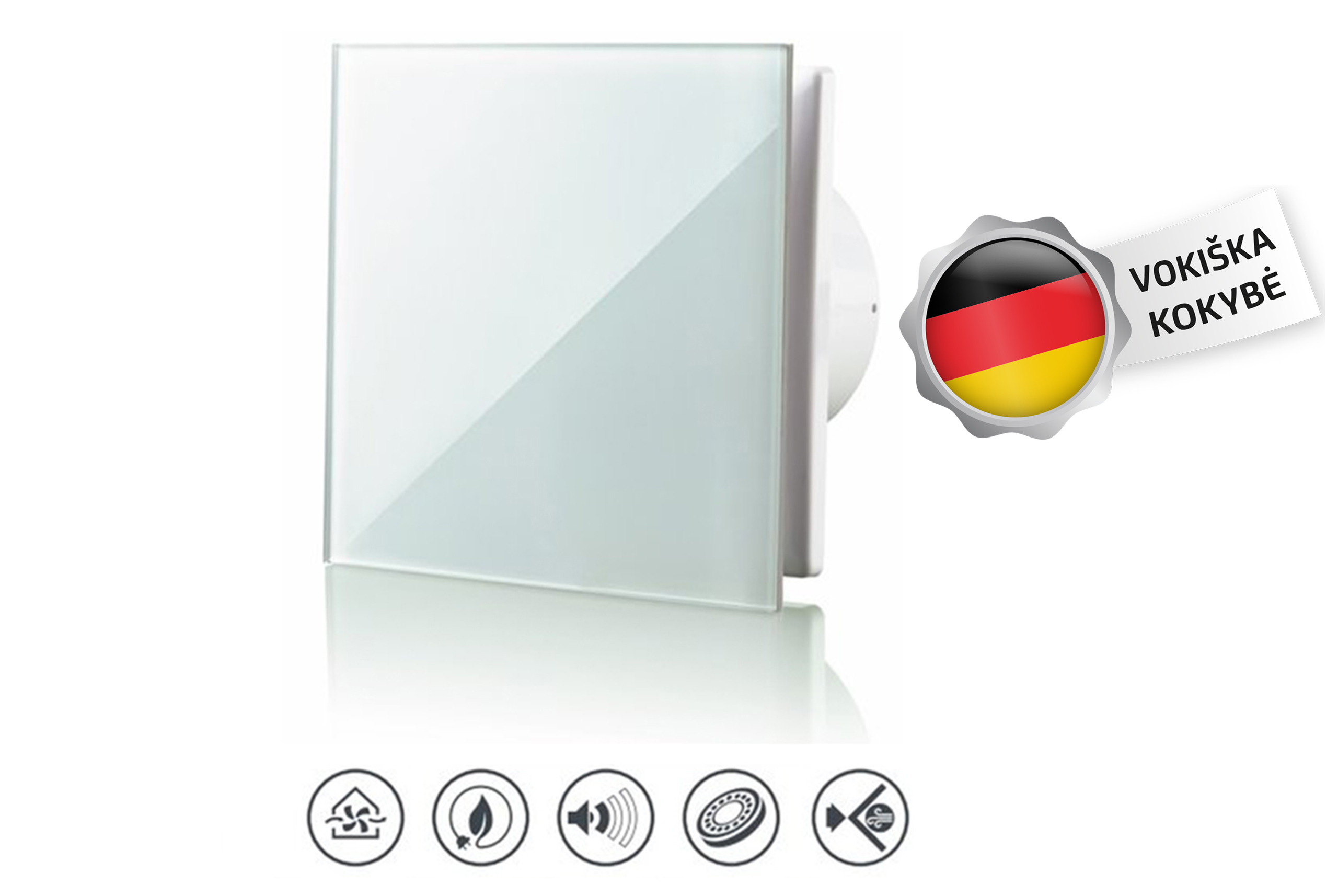 Istraukimo-Ventiliatorius-Vlano-A-100-T-su-Laikmaciu-Balta-Stiklo-Panele-⌀100 Vlano A-125 Izplūdes ventilators (Vienkārša komplektācija) ⌀125 mm | Stikla panelis, IP44, gultņi - Image 1