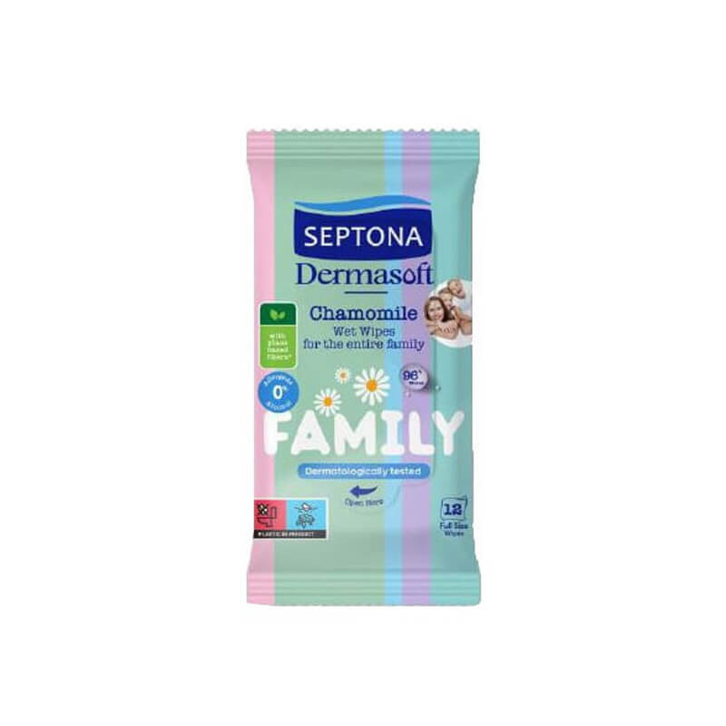 dregnos-serveteles-visai-seimai-septona-ramunele-12vnt Septona Mitrās salvetes visai ģimenei ar kumelītēm, 12 gab. | Ceļojuma iepakojums - Image 1