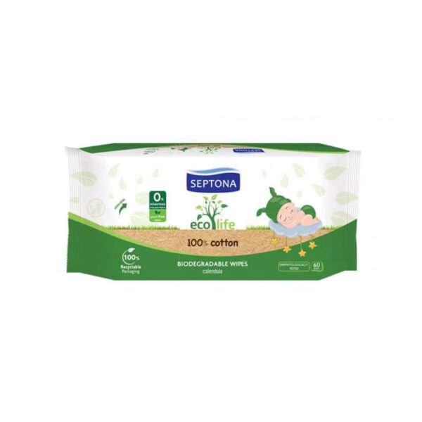 Mitras salvetes bērniem SEPTONA Ecolife Medetka, 60 gab. | 100% kokvilna, pārstrādājams iepakojums