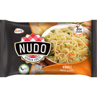 NUDO greitai paruošiamų makaronų kario skonio pakuotė maišelyje