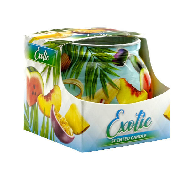 Aromātiskā svece stikla traukā "Exotic" | ~150g, ~30 stundu degšanas laiks