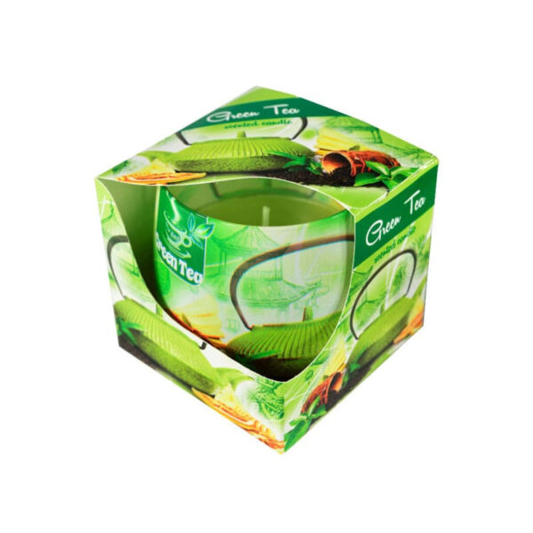 Smaržīga svece stikla traukā Green TeaAromātiskā Svece Stikla Traukā GREEN TEA | Atsvaidzinošs, Mierīgs Aromāts, Mājīguma Radīšanai