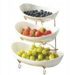 Trijų Aukštų Porcelianinė Etažerė (Stovas) | Ovalūs Dubenys, Aukso Spalvos Rėmas