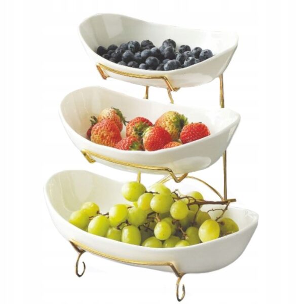 Trijų Aukštų Porcelianinė Etažerė (Stovas) | Ovalūs Dubenys, Aukso Spalvos Rėmas
