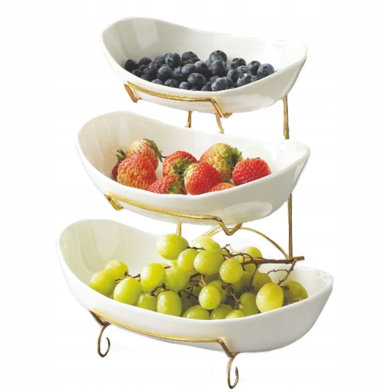 PATERA-SZKLANA-TRZYPOZIOMOWA-STOJAK-NA-CIASTO-OWOCE-SLODYCZE-OWALNA (1) Trijų Aukštų Porcelianinė Etažerė (Stovas) | Ovalūs Dubenys, Aukso Spalvos Rėmas