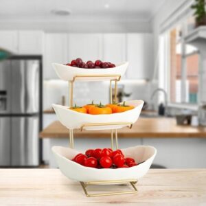 Trijų Aukštų Porcelianinė Etažerė (Stovas) | Ovalūs Dubenys, Aukso Spalvos Rėmas