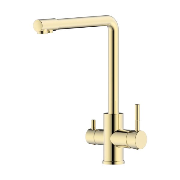 GÜNTER&HAUER Virtuves Jaucējkrāns PERLE Gold | Divas Sviras, Filtrēta Ūdens Savienojums, Grezns Zelta Pārklājums