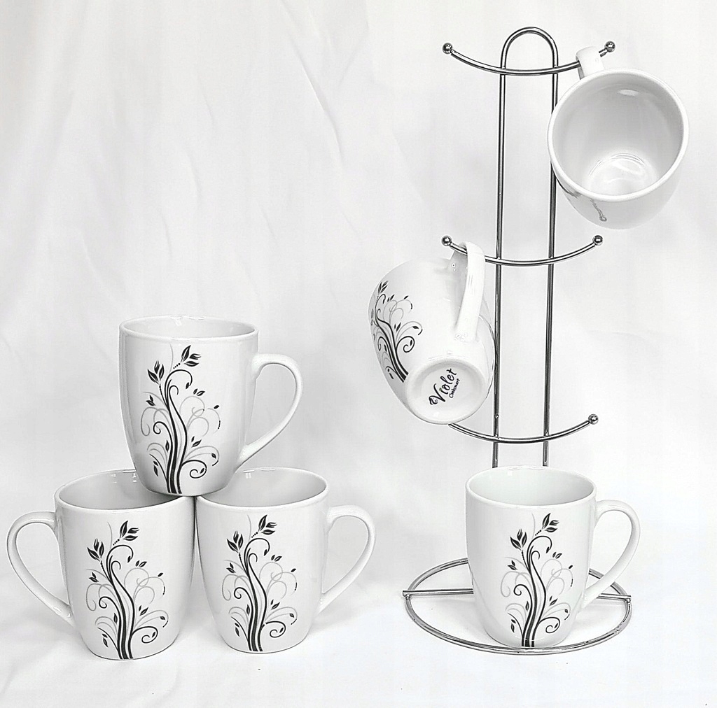 STOJAK-NA-KUBKI-ZESTAW-KUBKOW-DO-KAWY-HERBATY-6-OSOB-PORCELANA-WZORY-300ML Violet Puodelių rinkinys su stovu VC460K, 6 vnt., 300 ml | Keramika, Galima plauti indaplovėje