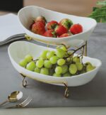 Dviaukštė Vaisių Etažerė | Keraminiai Dubenys, Aukso Spalvos Stovas, 2 Aukštai