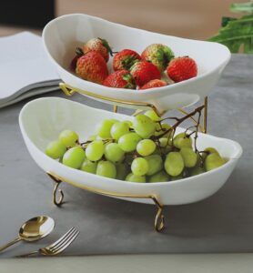 Dviaukštė Vaisių Etažerė | Keraminiai Dubenys, Aukso Spalvos Stovas, 2 Aukštai