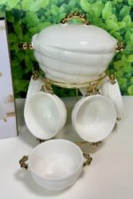 Keraminis sriubos rinkinys su stovu | Balta/Aukso spalva, 8 dalys