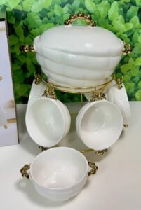 Keraminis sriubos rinkinys su stovu | Balta/Aukso spalva, 8 dalys