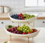 Dviaukštė Vaisių Etažerė | Keraminiai Dubenys, Aukso Spalvos Stovas, 2 Aukštai