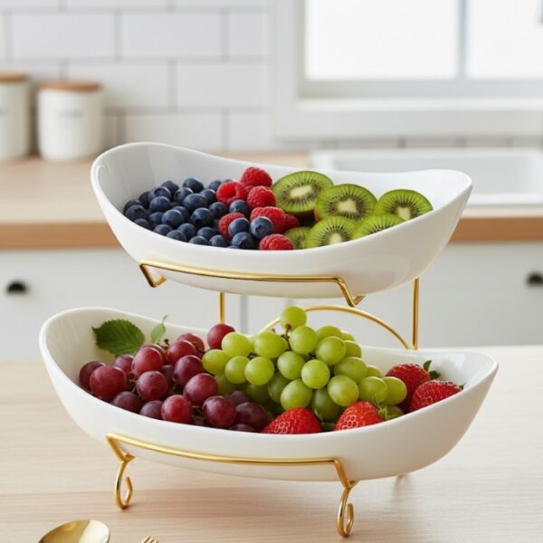 Dviaukštė Vaisių Etažerė | Keraminiai Dubenys, Aukso Spalvos Stovas, 2 Aukštai