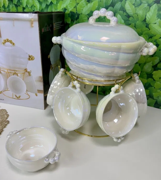 Perlamutrinis sriubos rinkinys "Perlas" | Su stovu ir 6 dubenėliais