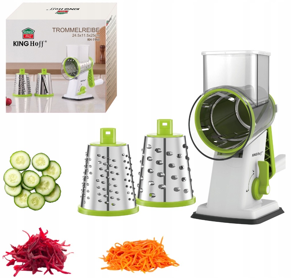 Tarka-Szatkownica-bebnowa-Warzyw-3-ostrza-stal-nierdzewna-KINGHoff-KH-1960 KING Hoff Būgninė Tarka KH-1960 | 3 Keičiami Būgnai, Nerūdijantis Plienas, Vakuumis Pagrindas