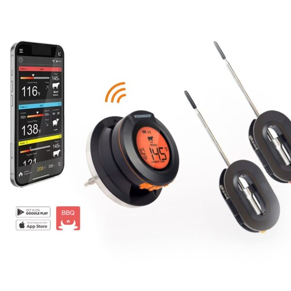 HYPERBBQAT-02 Bezvadu Grila Termometrs | 50 m Bluetooth, 4 Zondes (2 Iekļautas), 300°C