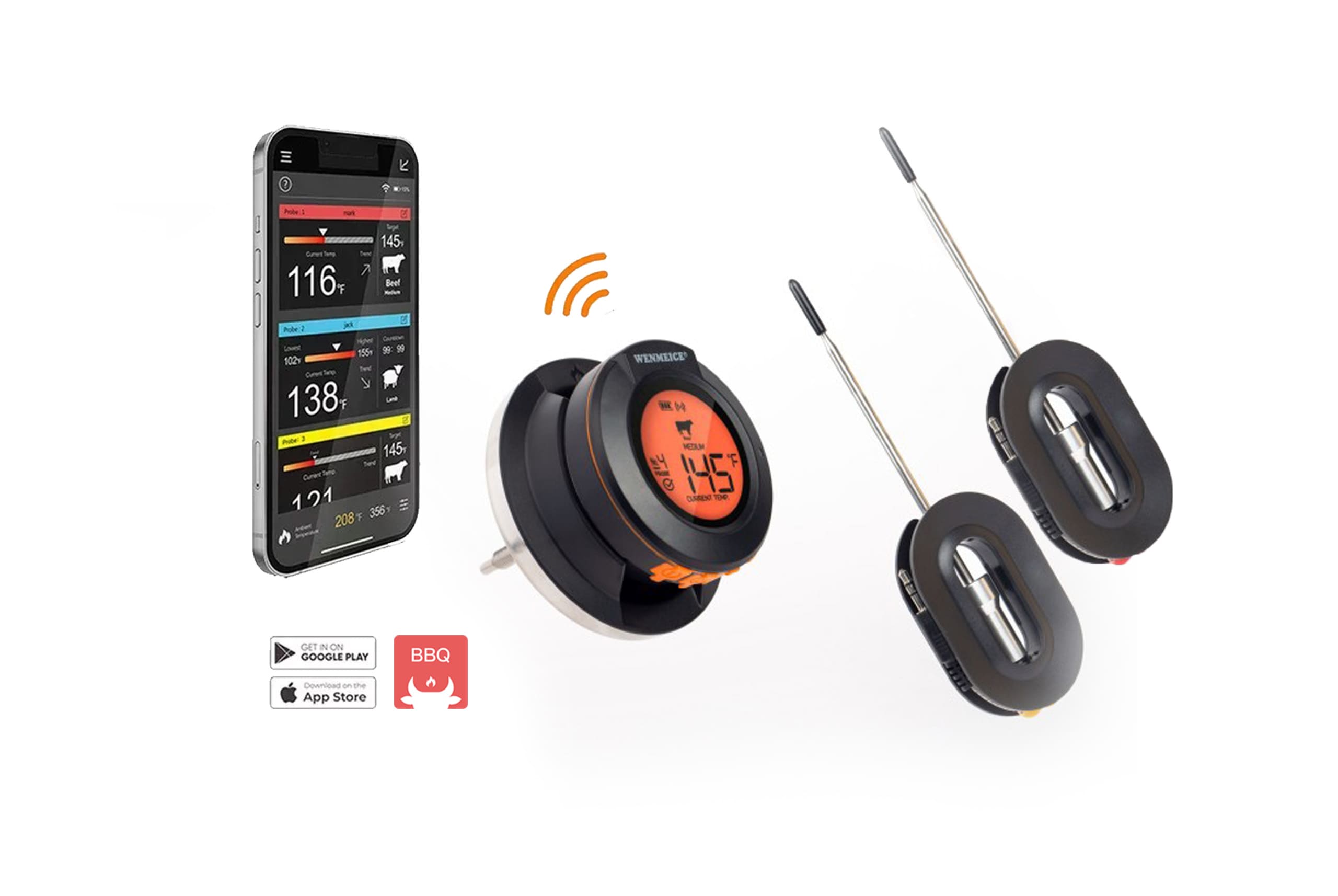 Termometras-HYPERBBQAT02-1 HYPERBBQAT-02 Bezvadu Grila Termometrs | 50 m Bluetooth, 4 Zondes (2 Iekļautas), 300°C - Image 1