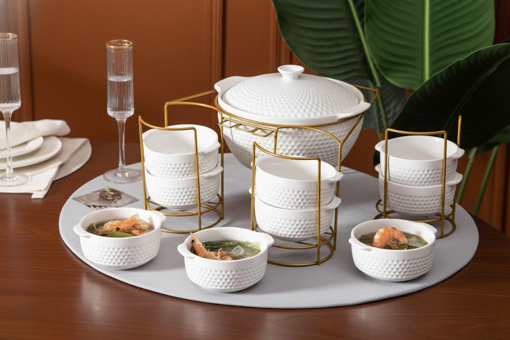 unnamed LICHTENBERG Sriubinės ir Dubenėlių Rinkinys HL-10226 | 9 Dalys, Porcelianas, Auksinis Stovas