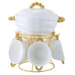 Keraminis sriubos rinkinys su stovu | Balta/Aukso spalva, 8 dalys