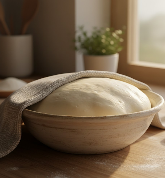 Mīklas raudzēšana bļodā, lai **maizes recepte** izdotos gaisīga