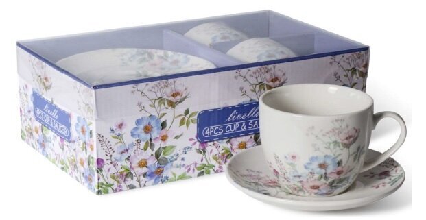 puodelis-su-lekstute-250-ml-c3190_reference Porcelāna tasīšu un apakštasīšu komplekts ar ziedu rakstu, 2 gab. x 250 ml - Image 1