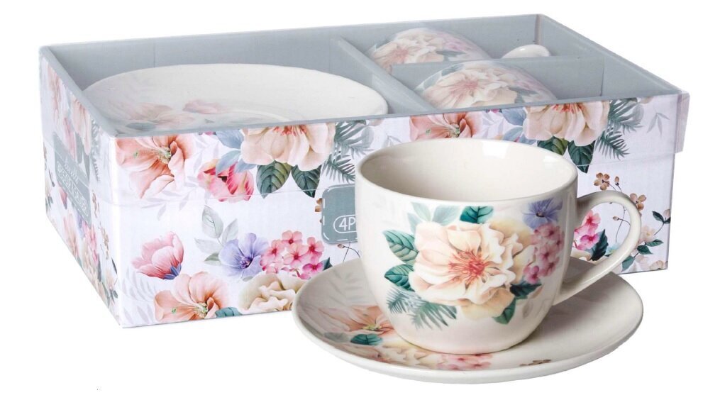 puodelis-su-lekstute-250-ml-e1af0_reference Porcelāna tasīšu un apakštasīšu komplekts ar ziedu rakstu, 2 gab. x 250 ml - Image 1