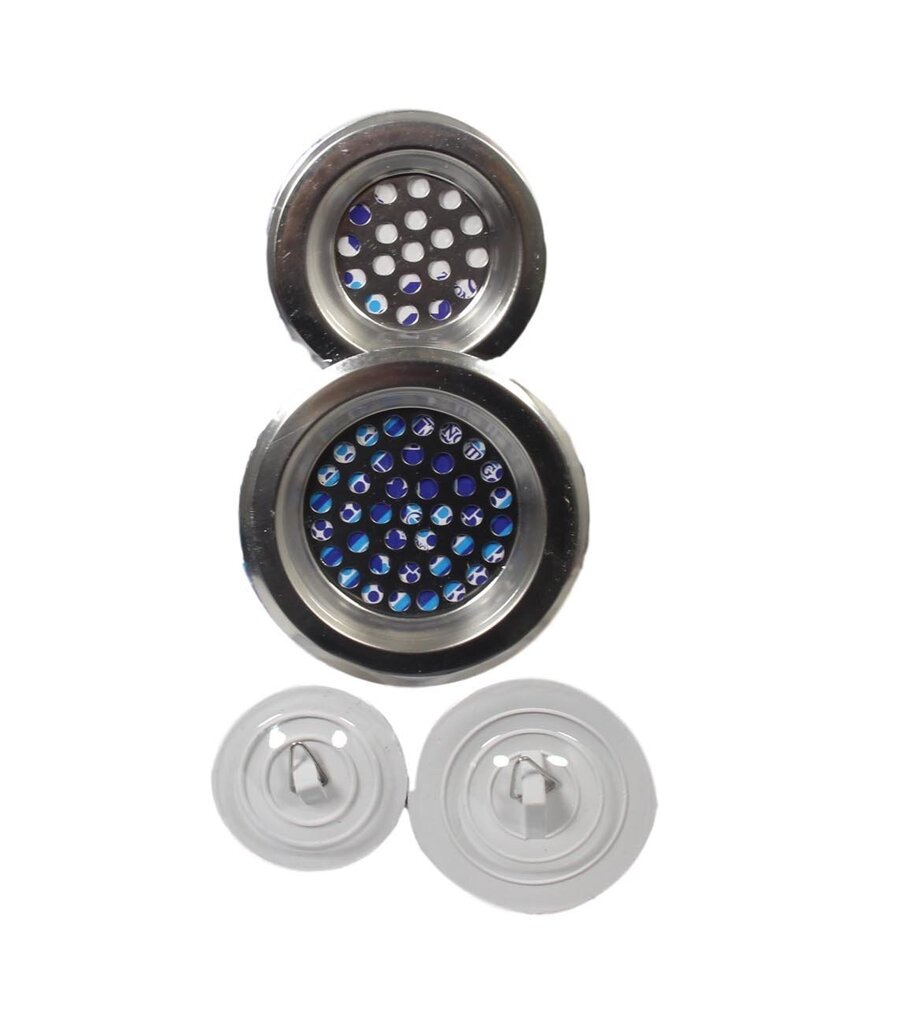 sieteliai-i-kriaukle-kaisciai-2-vnt_reference Izlietnes sietiņu un aizbāžņu komplekts, 4 izmēri (Ø6/7.5 cm, Ø4/5 cm) - Image 1