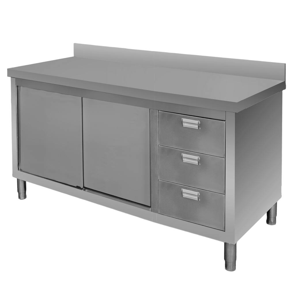 Nerudijancio-plieno-stalas-140x60x85cm-1 Nerūdijančio plieno sieninis stalas su spinta ir 3 stalčiais Mega-M 180x60x85 cm