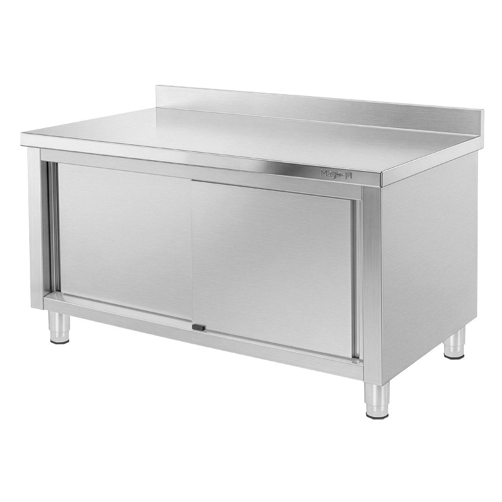 Stol-gastronomiczny-ze-stali-nierdzewnej-przyscienny-z-szafka-Mega-M-150x60x85-cm-MTP008011-3 Nerūdijančio plieno sieninis gastronominis stalas Mega-M 150x60x85 cm su spinta